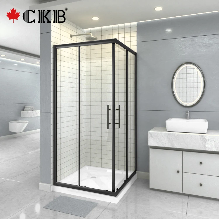 CKB Matt Black Aluminum Bathroom Tempered Glass Double Sliding Door Corner Framed Shower Enclosure