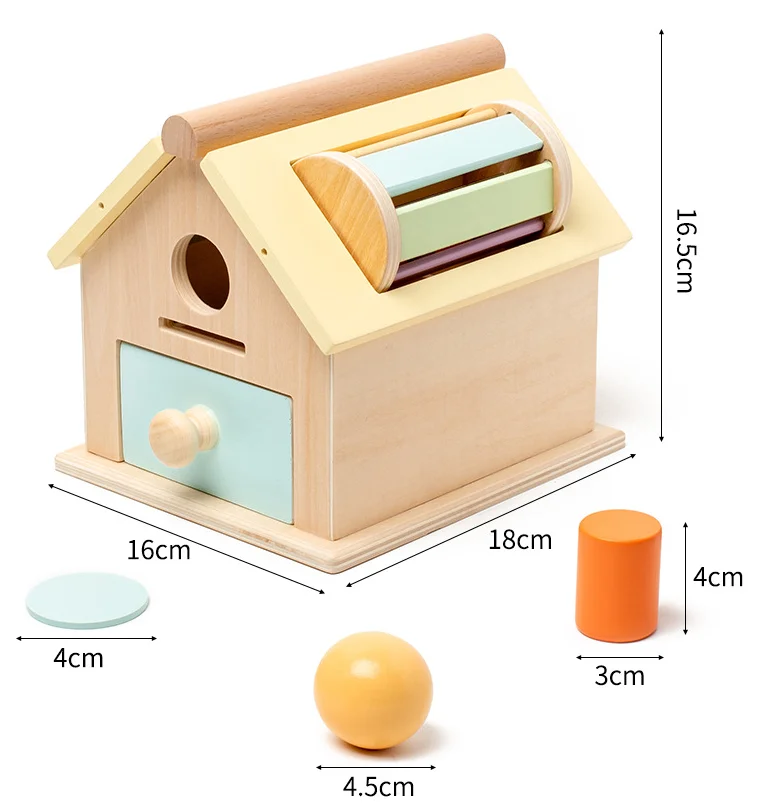 New Products 4 in 1 Wooden Montessori Play House Ball Coin Drop Toy House Object Permanence Box for Infant Babies
