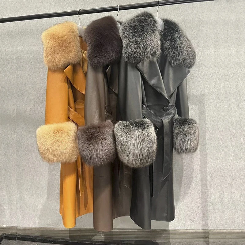 2023 Windproof Natural Sheepskin Leather Trench Coat Slim Style for Women Autumn Genuine Long Leather Coat with Fox Fur Collar