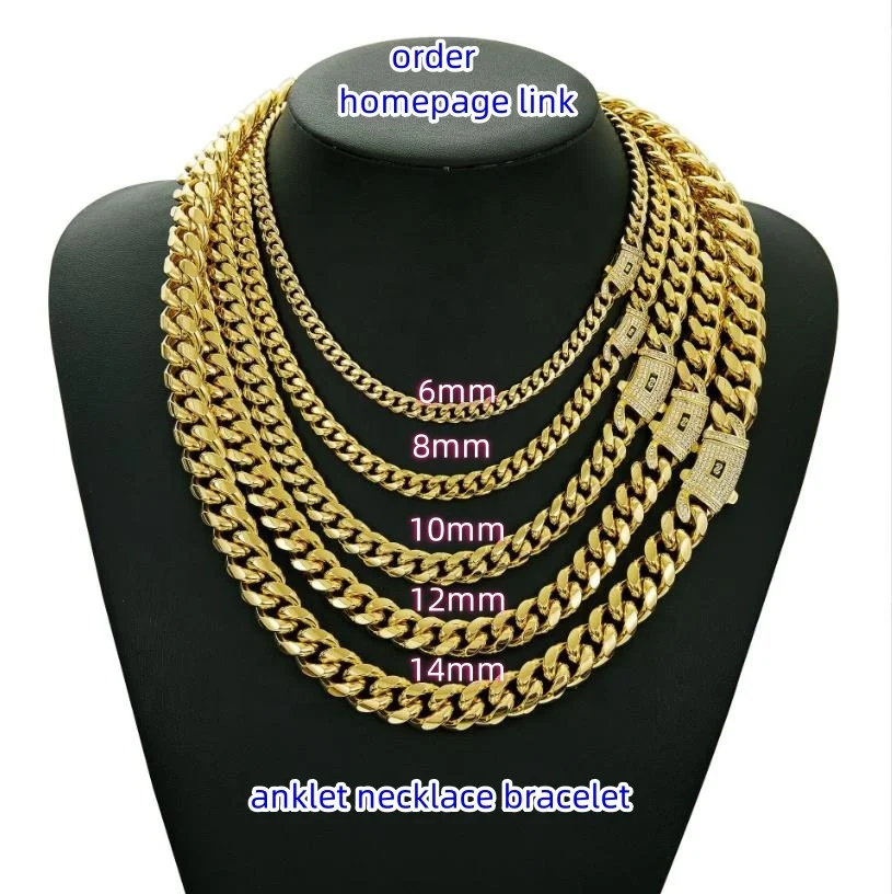 USA trendy anklet bracelet Necklace14k Gold jewelry Cuban Link Chain Gold Cuban Miami Chain 6mm -14mm Monaco Chain unisex