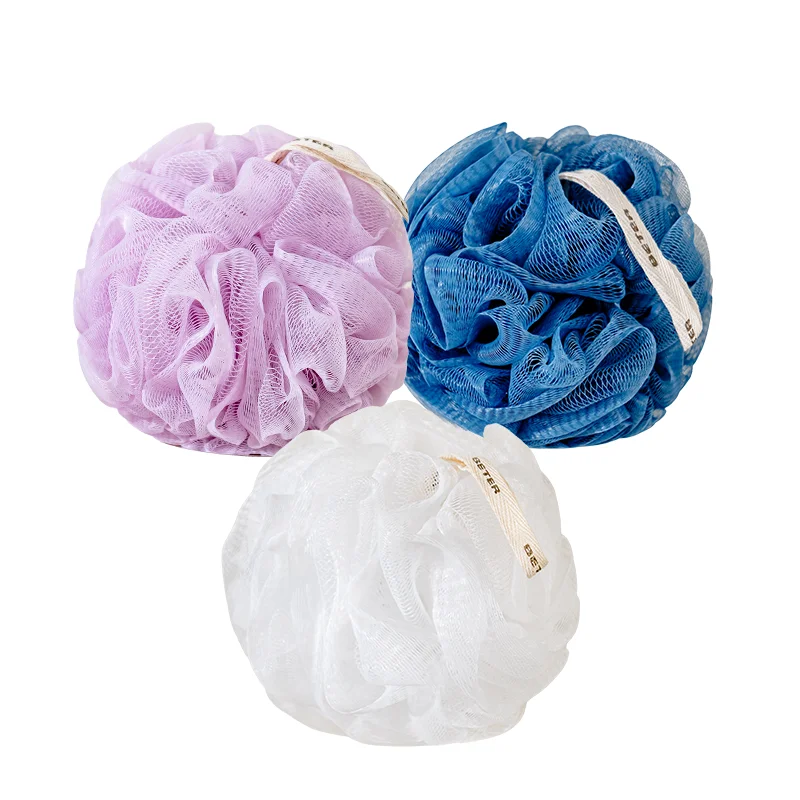 Customized  Cotton Printed Ribbon Bath Loofah Sponge Shower Pouf Body Mesh Back Scrubber Dark Blue, , Taro Purple,  White