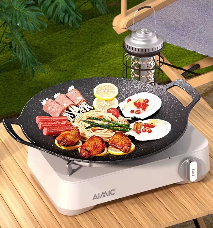 round Iron Plate Carabiner Universal Non-Stick Grill Pan for Outdoor Party Portable Barbecue Plate