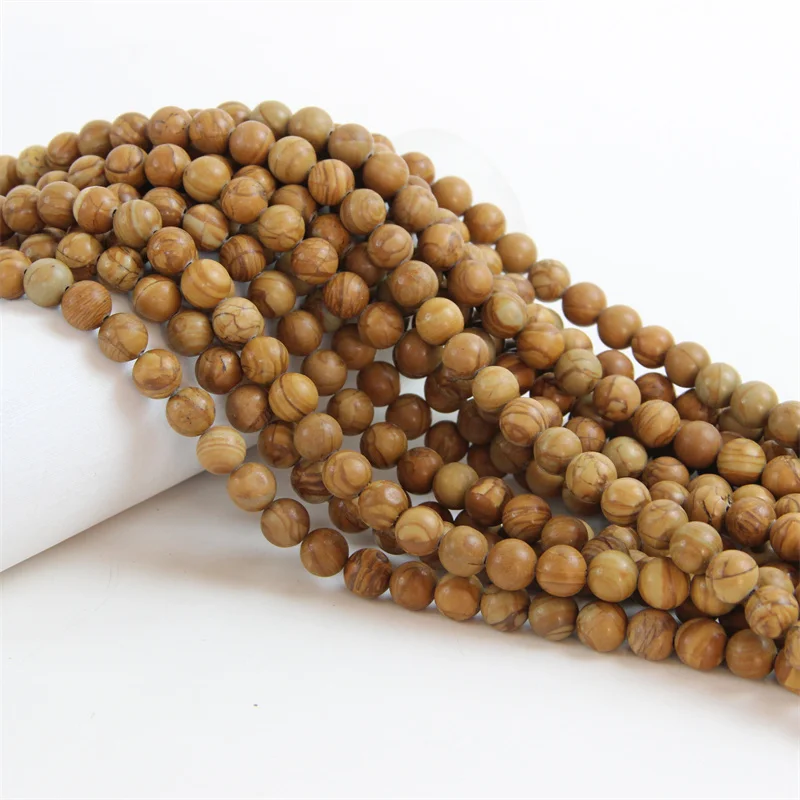 Factory Price Natural Light Brown Petrified Wood  Stone Round Loose Beads For Bracelet Making