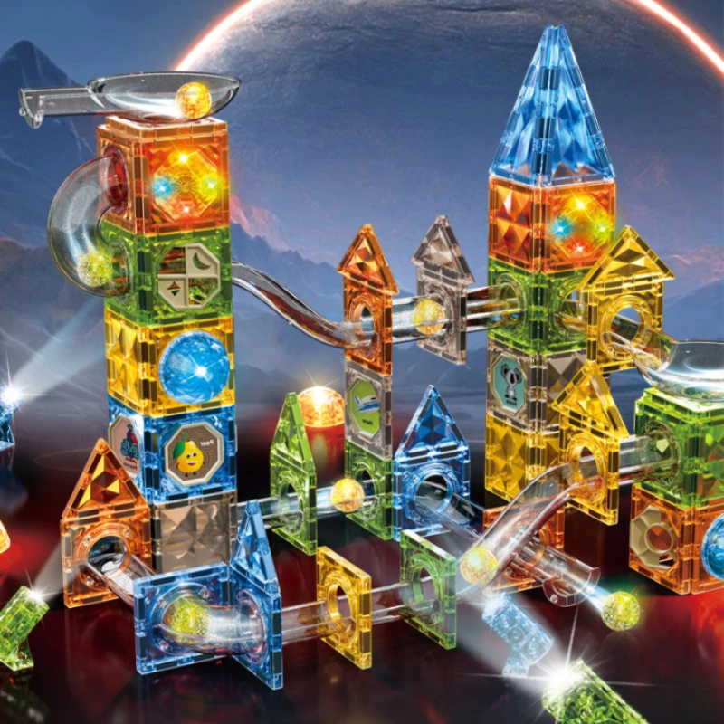 156PCS Diamond Sequin Light Magnetic Tiles Blocks Pipe Set Educational 3D Magnetic Puzzle Toy