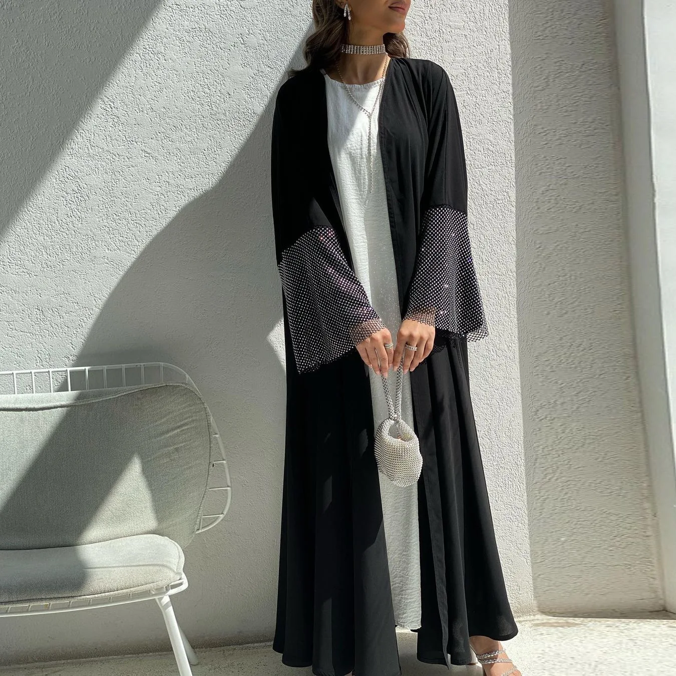 Middle East Exclusive Cardigan Nida Fabric for Abaya Stretch Drill Mesh Robe Turkish Arabic Muslim Women Open Black Abaya
