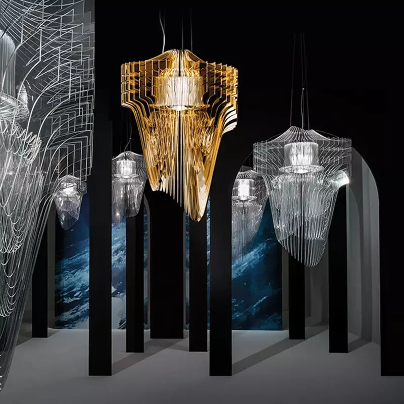 Modern Luxury Hotel Lobby Acrylic High Ceiling Crystal Decor Gold Led Chandelier Lamp Staircase Pendant Lights