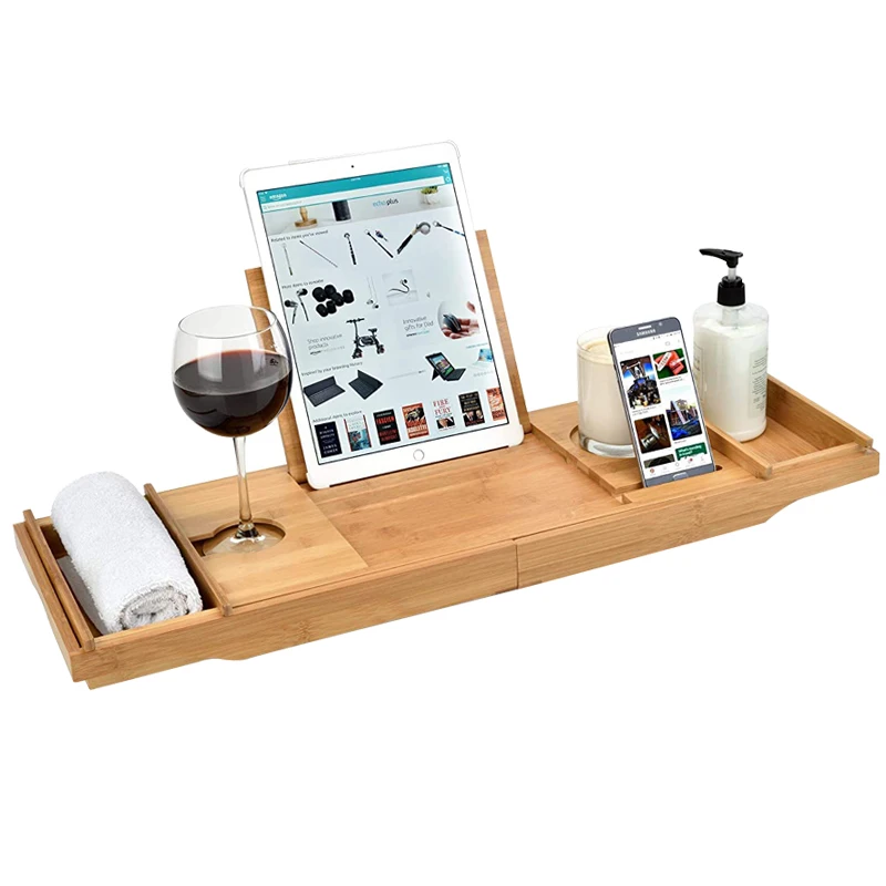 Bamboo Bathtub Caddy Tray - Adjustable Bath Tub Organizer with Wine Holder Cup Placement Soap Dish  Book Slot