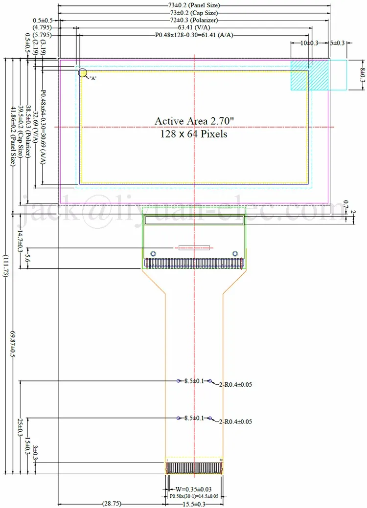 2.7' inch 128x64 SOLOMON SYSTECH SSD1305T7 30 pin WP12080063-01 PG-2864ASWD P1222026-19-A07 oel led graphic panel