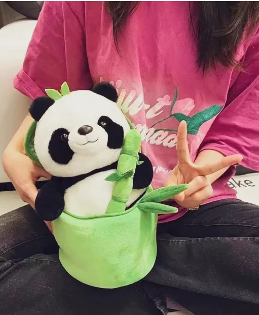 Bamboo tube panda plush toy cute holding pillow hugging bamboo doll panda doll birthday gift