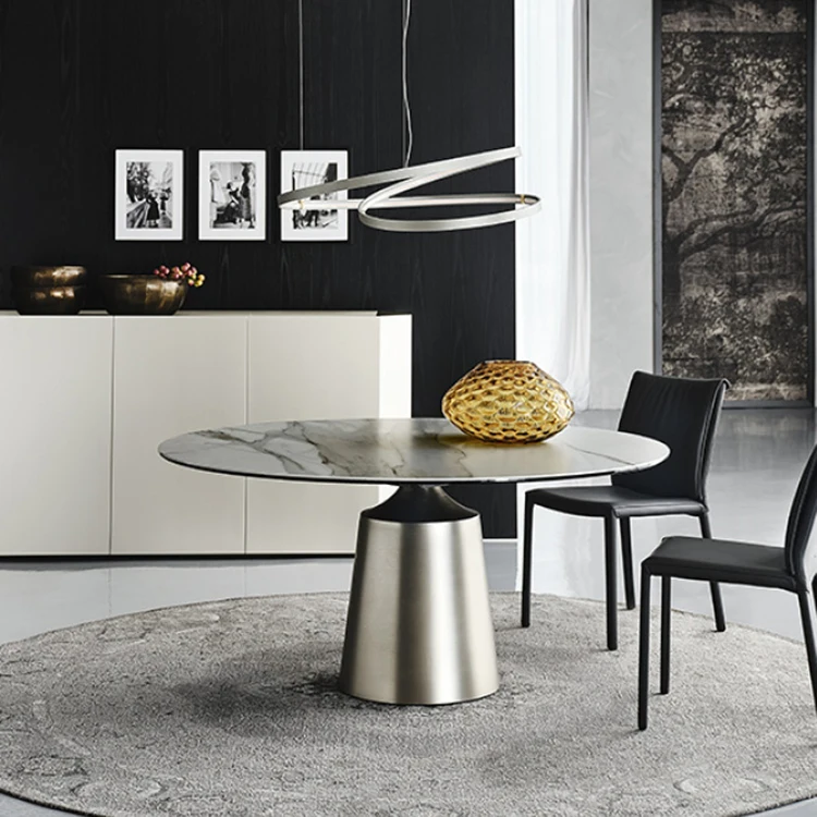 Stainless Steel Legs White Marble Sintered Stone Top Rock Slate Modern Round Minimal Diningroom Furniture Pedestal Dining Table