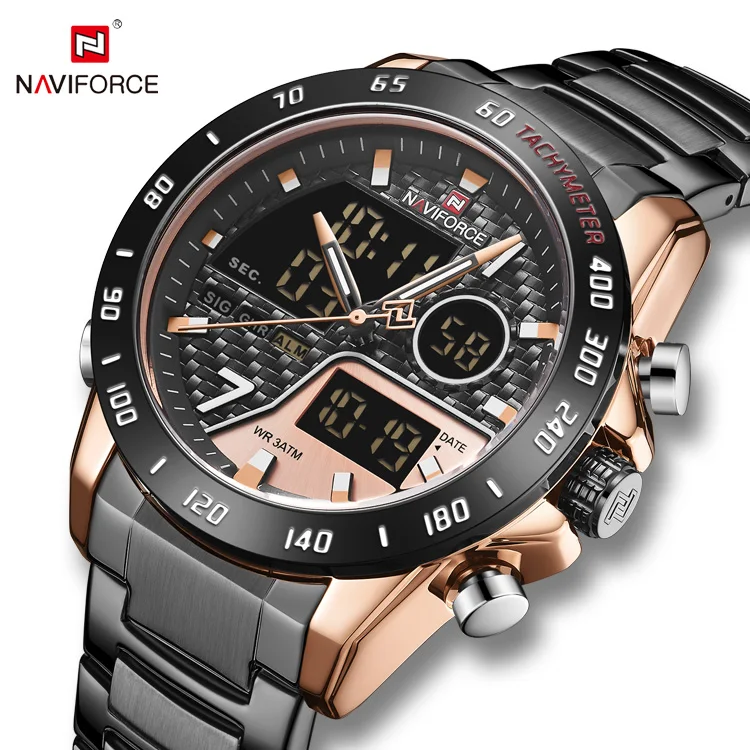 Часы мужские кварцевые NAVIFORCE 9171 спортивные из нержавеющей стали с двойным циферблатом углеродного волокна цифровые Роскошные 2022