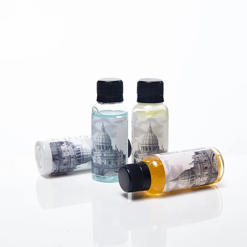 Luxury disposable 3-5 stars hotel supplies amenities 30ml 40ml 60ml 100ml PET shower gel soap shampoo bottle