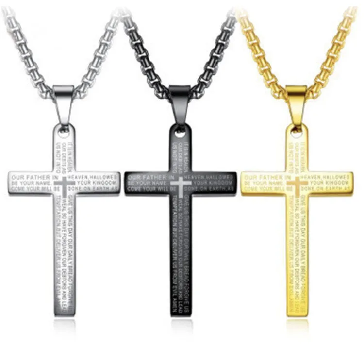 Spiritual Metal Christian Black Jesus Gold Plated Chain Religious Stainless Steel Mens Cross Pendant Necklaces Jewelry For Men