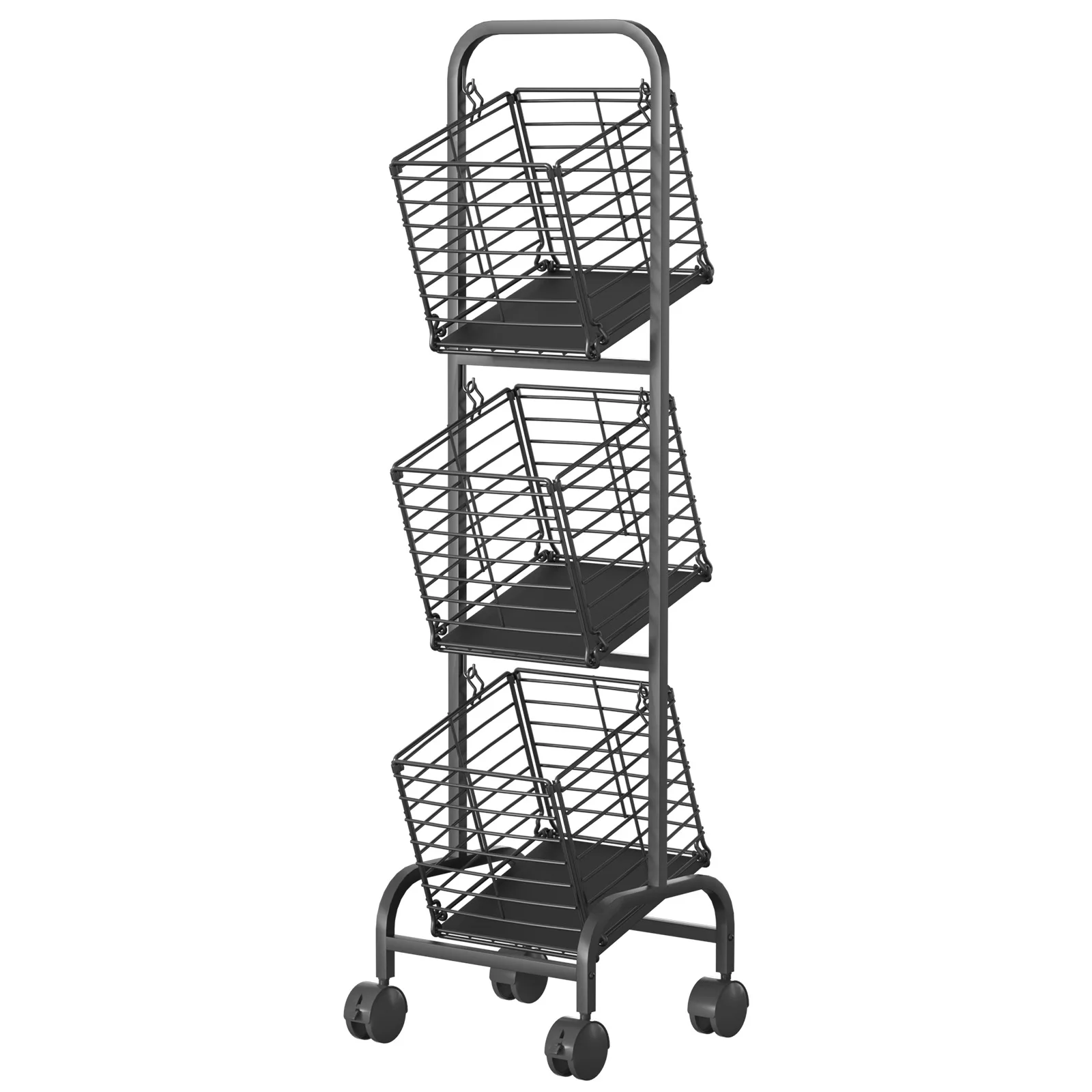 3 Tier Market Basket Storage Stand Kitchen Metal Wire Fruit and Vegetable Storage Basket Food Storage Chart with 4 Wheels