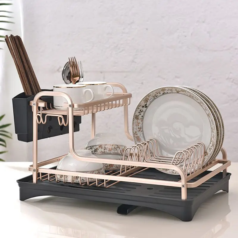 Kitchen Dish Drainer Double-layer Multi-functional Tableware Cup Chopsticks Rack Dish Rack Bowl Rack Space Aluminum Metal Square
