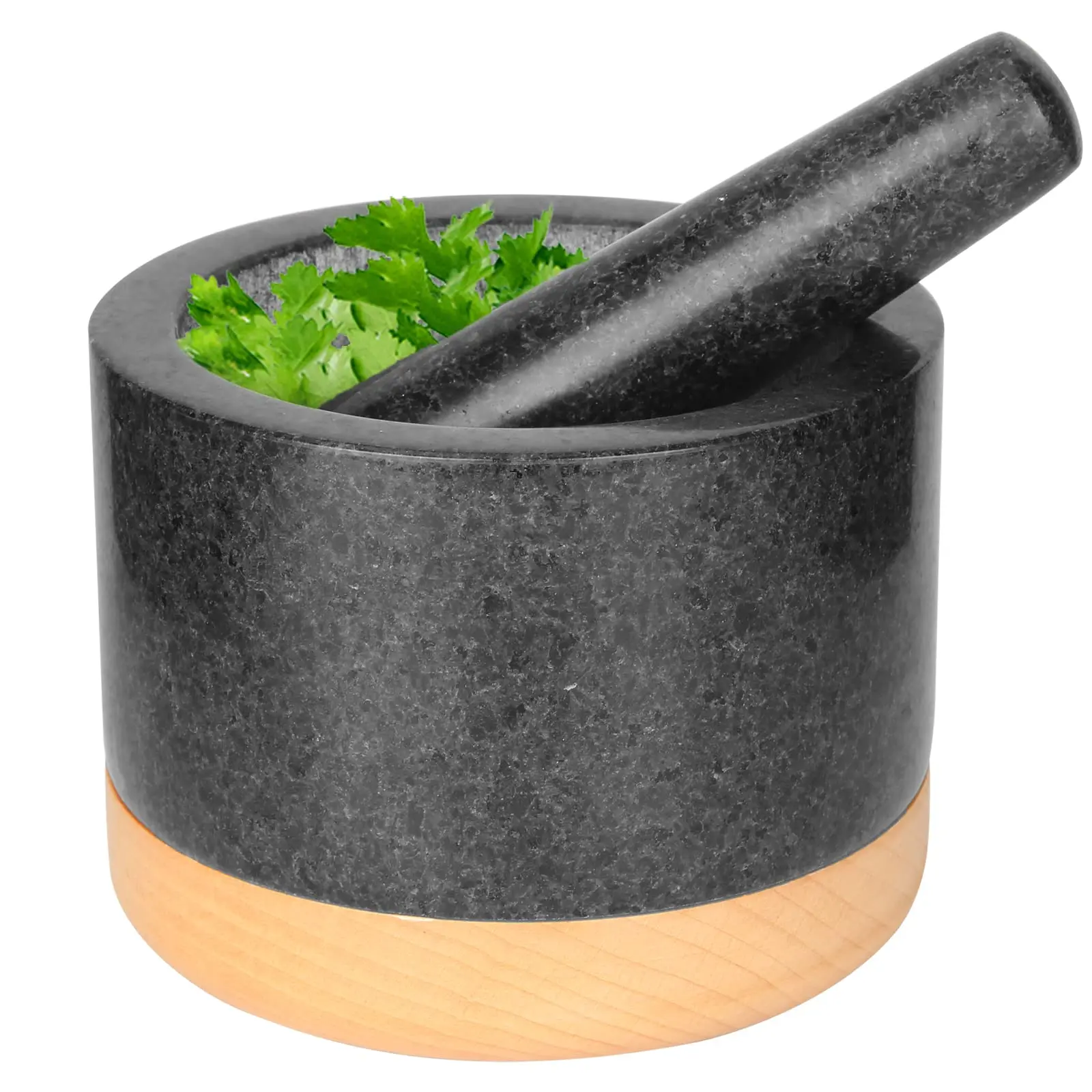 Large Granite Mortar and Pestle Natural Stone Grinder with Beech Wood Base for Spices