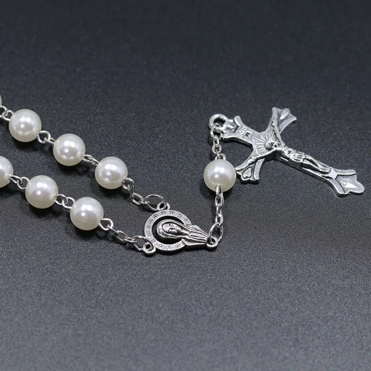 Hot selling accessories catholic rosary bracelet white imitation pearl christ cross jesus virgin bracelet wholesale