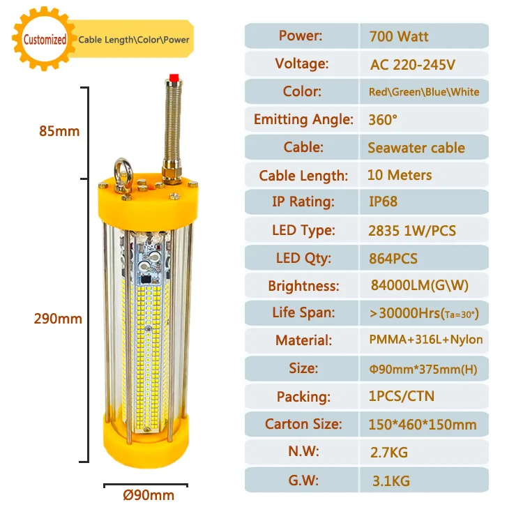 700W 220V White Blue  IP68 316L deep drop fishing light led marine flood light for sea fishing