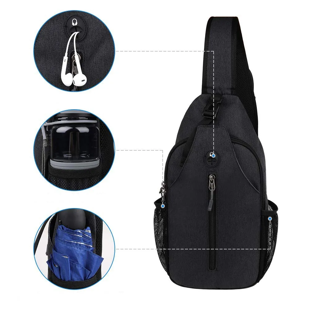 ZWY356 Customized LOGO Nylon Simple Men Chest Bag Casual Outdoor Shoulder Crossbody Bag Wholesale Headphone Hole Sports Men Bag