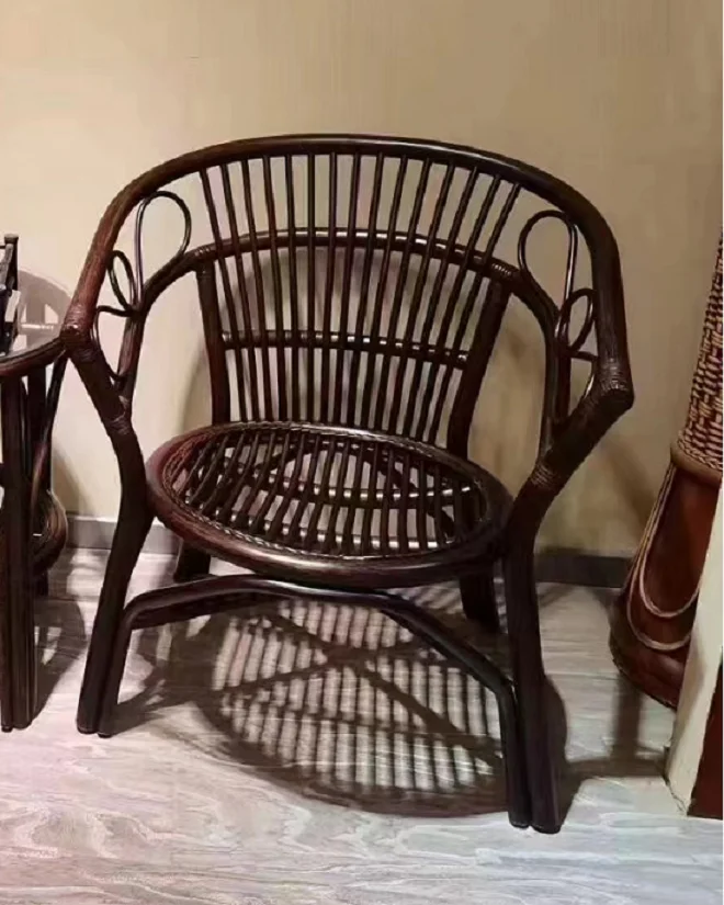 Natural rattan chair Solid wood home outdoor armchair table and chair leisure backrest rattan woven chair