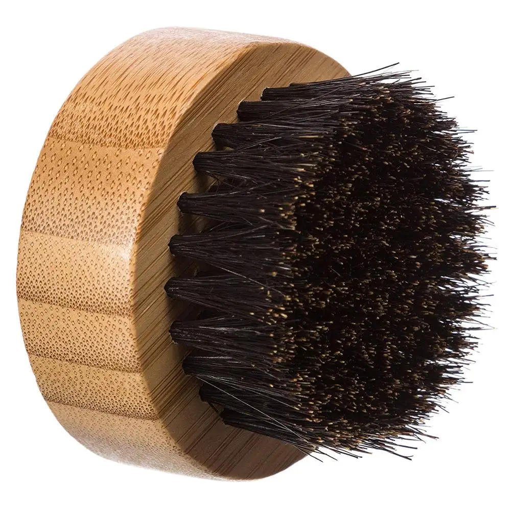 Round Bamboo beard oil brush wholesale with tin box pack for man grooming