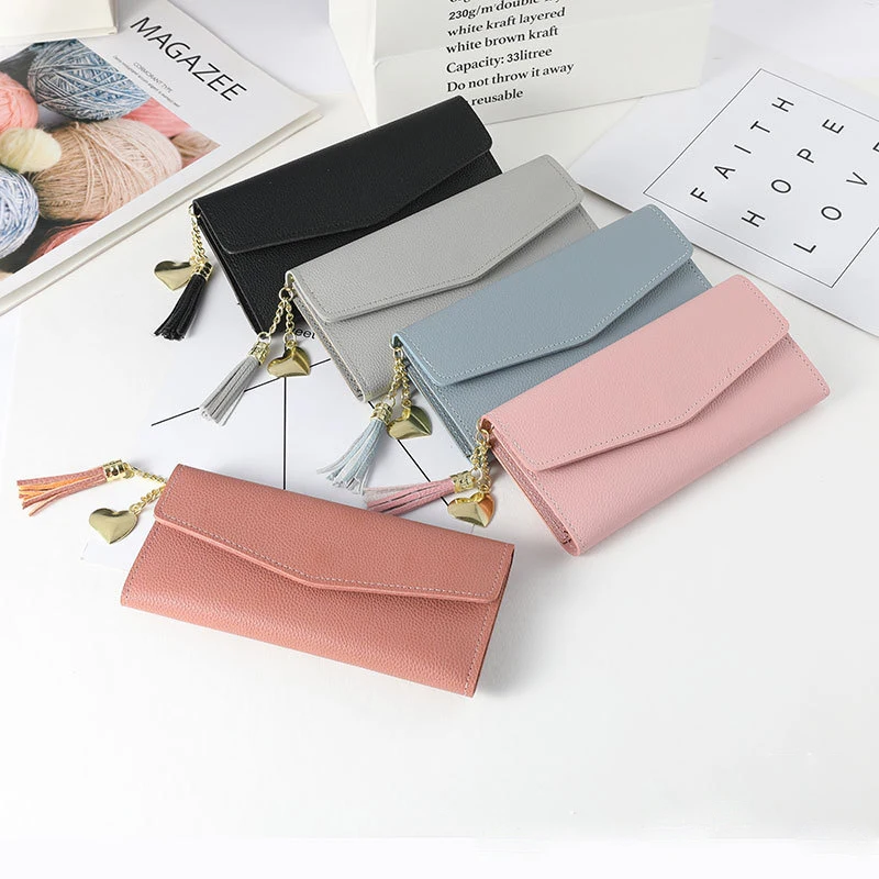 2022 New Long Style Hand Holding Trendy Heart-shaped Pendant Simple Fashion Multifunctional Lychee Pattern Ladies Wallet