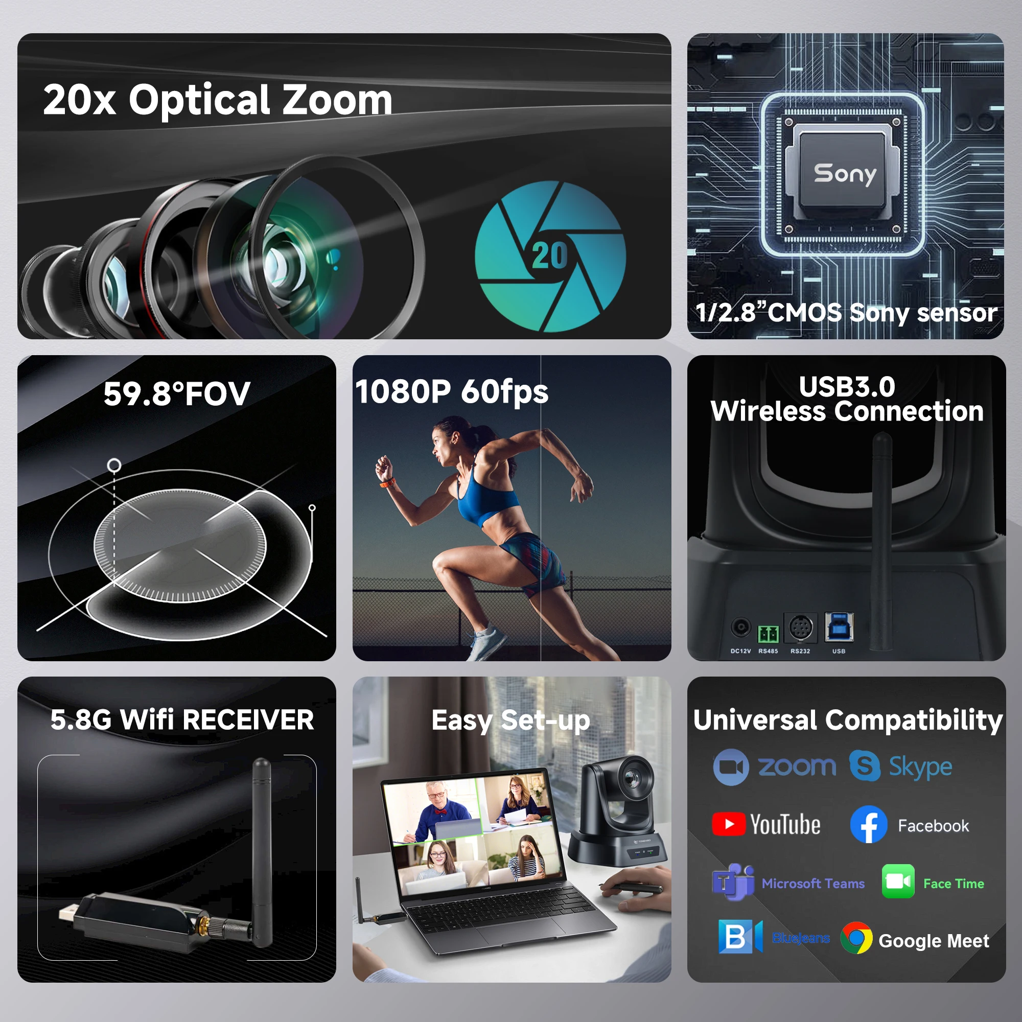 Беспроводная видео-и аудиосистема для совместной работы 20x с камерой USB3.0 PTZ 1080p60fps и беспроводным синим звуком