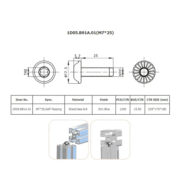 1D05.B91A.01 Ningbo factory direct supplied blue zinc colored m7x25 self-tapping sheet metal screws
