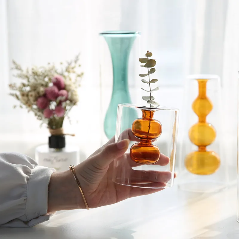 Modern creative nordic style colorful double wall glass vase home decoration candy color hydroponic flower vase