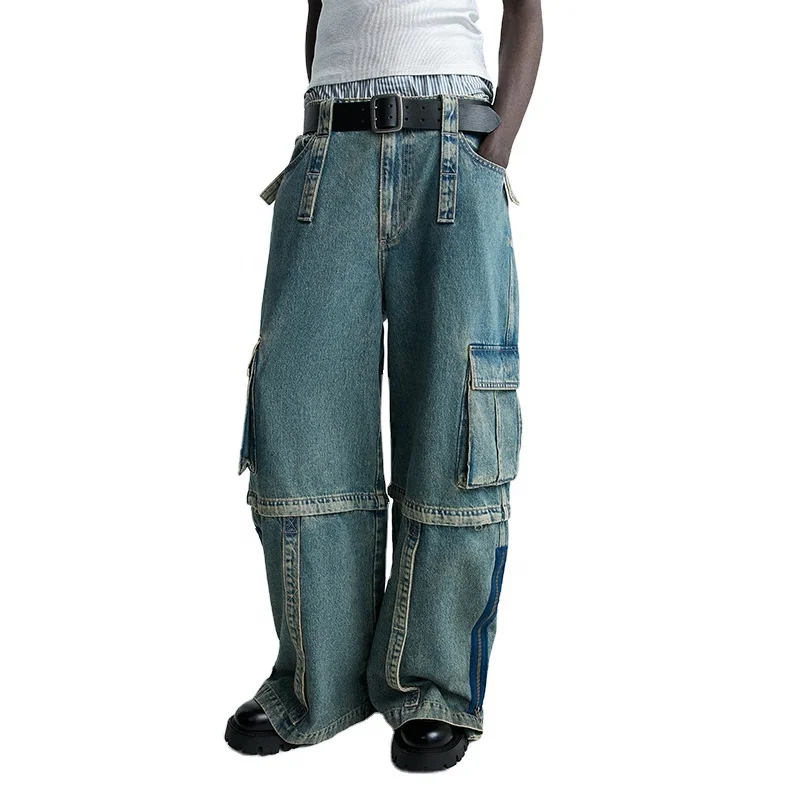 High quality Flap patch pockets Adjustable waist Loose fit jeans DETACHABLE CARGO JEANS baggy denim jeans