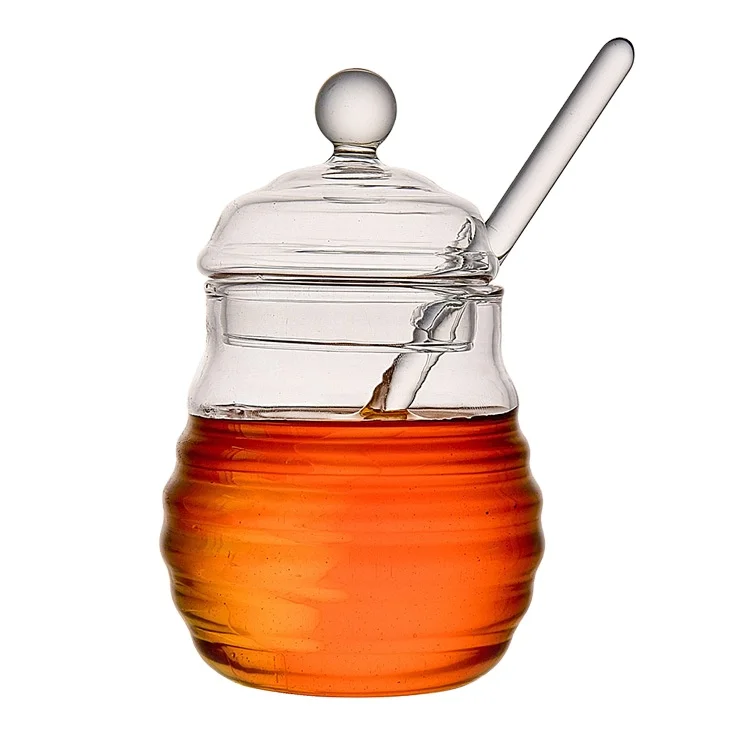 Hensin In Stock Small Bees Glass Honey Jar Storage Jar Creative with Lid Solid Stirring Stick Honey Jar For Household