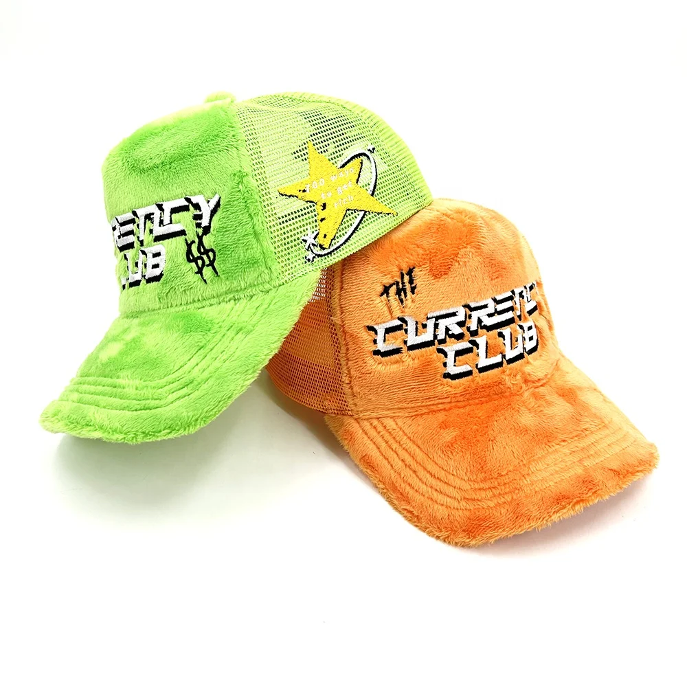 Wholesale High Quality Embroidered logo Mesh Trucker Hat Fluffy Fuzzy Velvet Trucker Hats