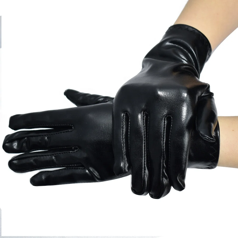 Leather PU Halloween Evening Dress Party Finger Gloves Shiny Black Stretch Glove