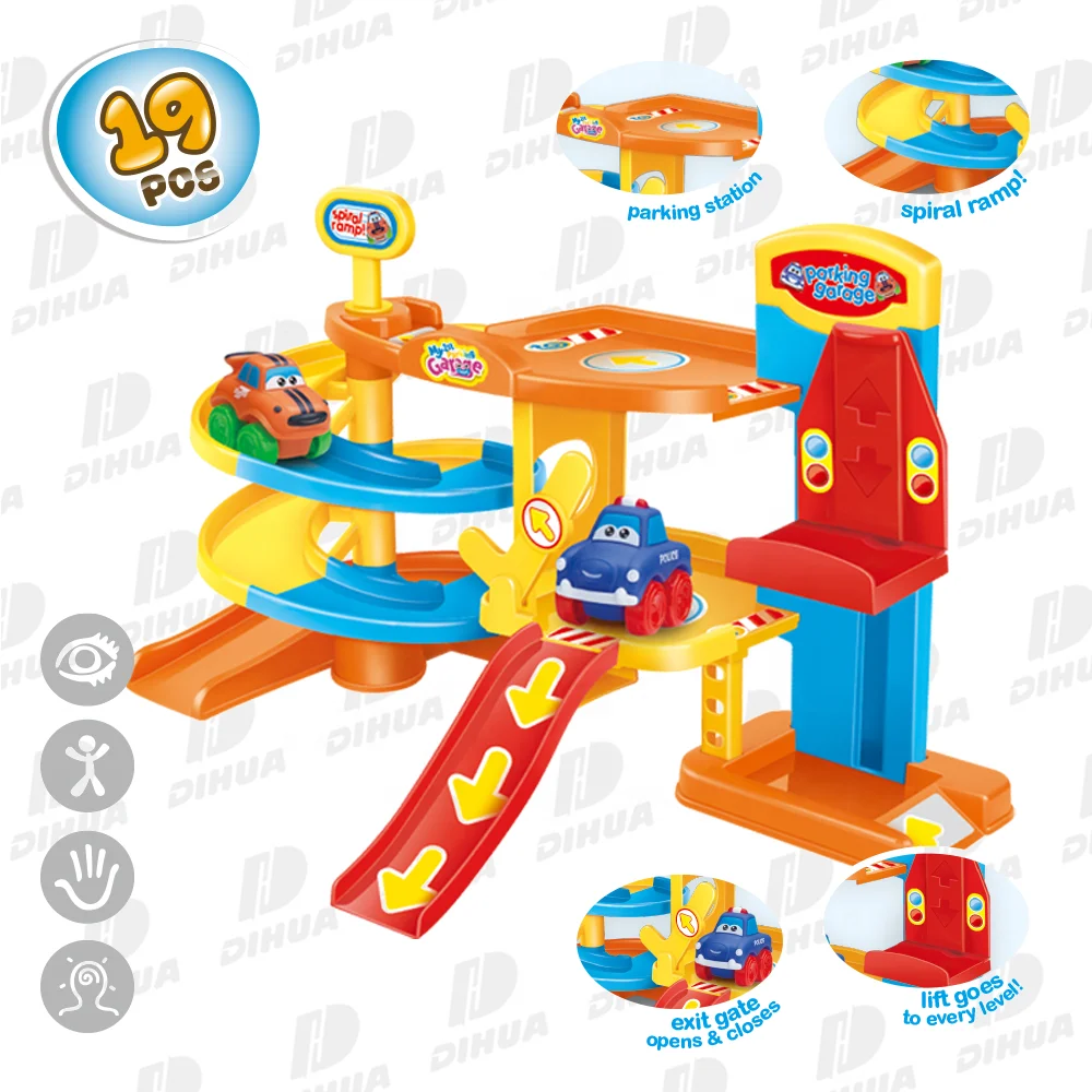 First Parking Garage Toy for 18M Baby Cheap Cartoon Parking Lot Toy with 2 Freewheel Car Easy to Assemble Slot Car Toy Set 19PCS