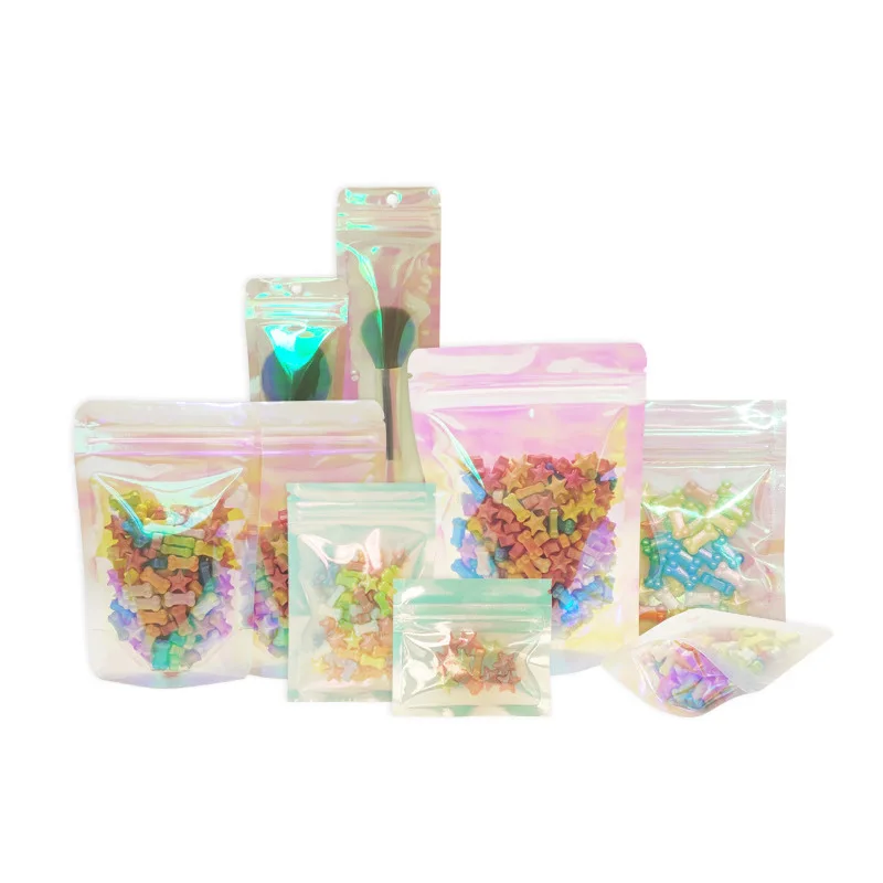 Clear Rainbow hologram candy gift bag Cosmetics earrings jewelry bag snack zip bag