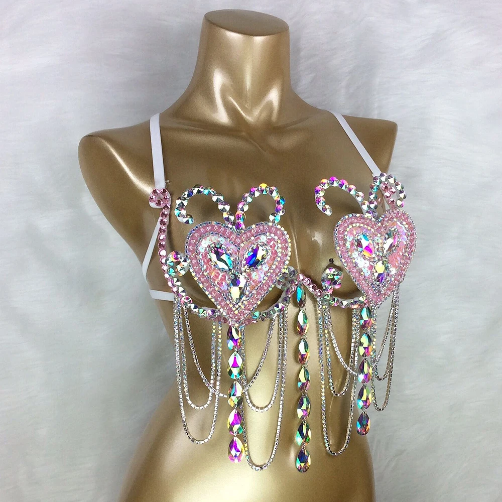 Samba Carnival Bra Rainbow Pink & RED Stone Belly dancing Wire Bra Belly Queen Dance wear Rave Outfit Performance Wear