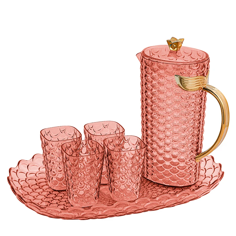 Custom Logo  PS Plastic Fish Scale Kettle Sst Orange Transparent Drinkware Water Jug Set With 4 Cup And Tray Acrylic Pitcher