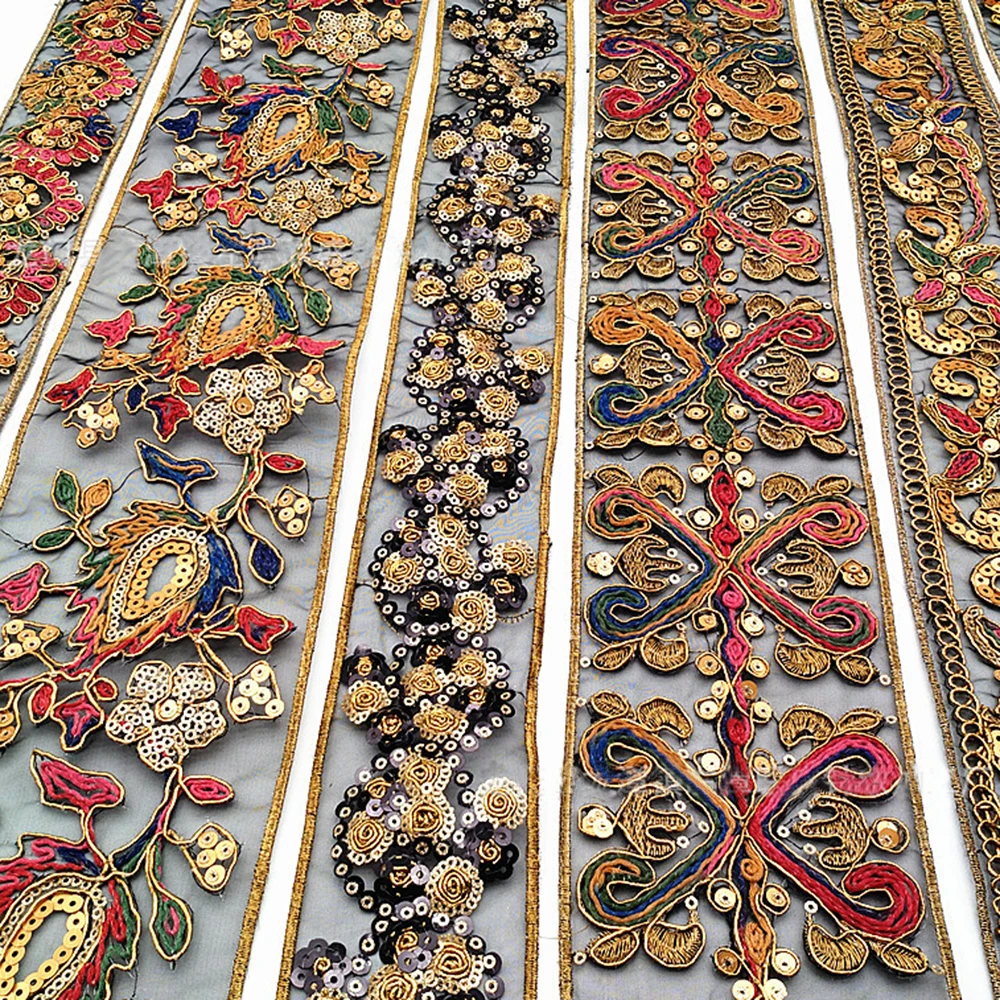Wholesale Sparkle Colorful Embroidery Ribbon Gold Polyester Ethnic Style Sequin Lace