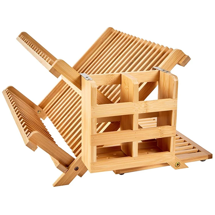 Wooden Hot Selling Dish Drying Rack with Bamboo Utensil Holder Bamboo Collapsible Wooden Dish Drainer Rack