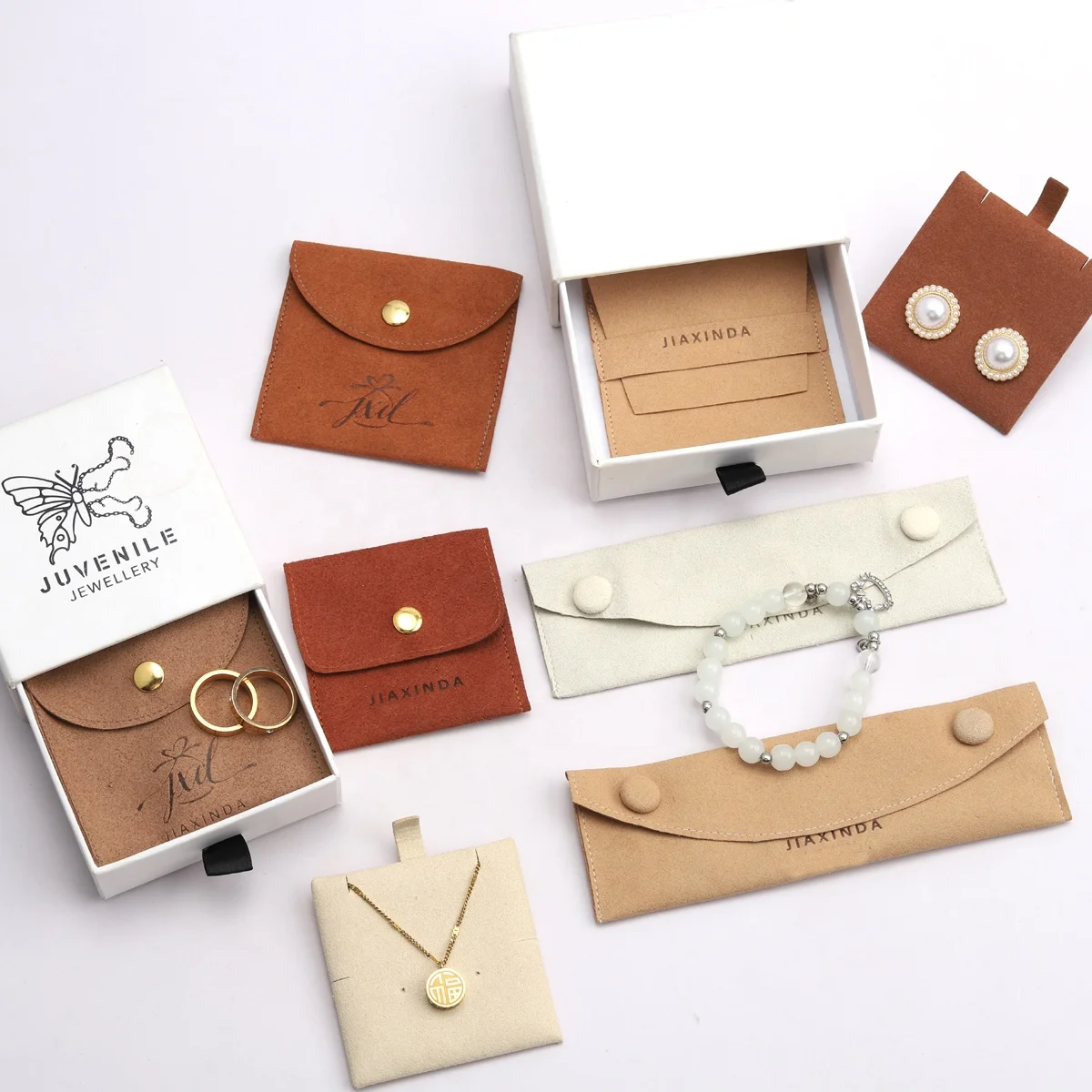 Wholesale Custom Logo Printed Microfiber Jewelry Pouch With Snap Button Watch Suede Necklace Earring Jewelry Bag And Insert Pad