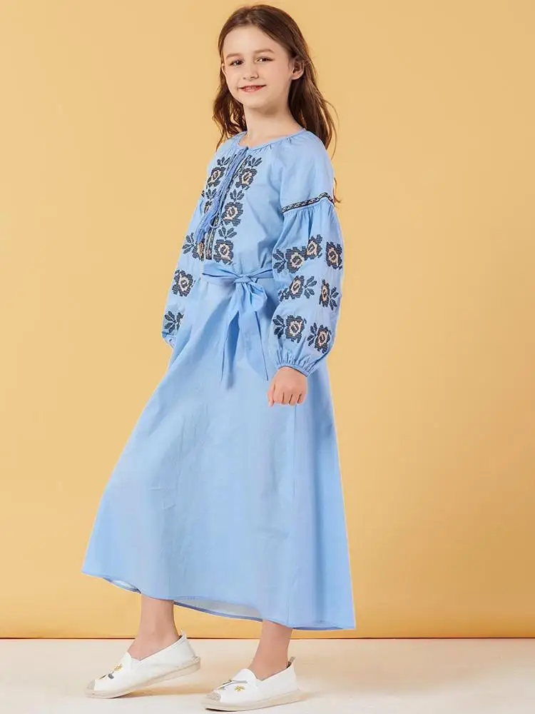 cheap wholesale child light blue lacing up muslim dress dubai kids clothes long sleeve dress