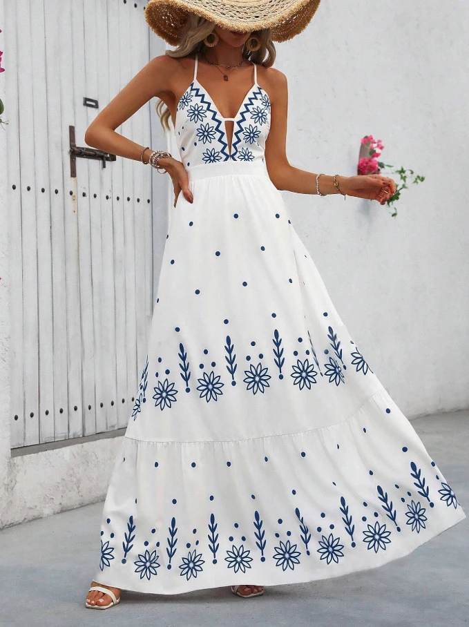 Wholesale Summer Floral Women Long Dress Custom Oem Vestidos Casual Modest Elegant Floral White Women Ladies Maxi Dress