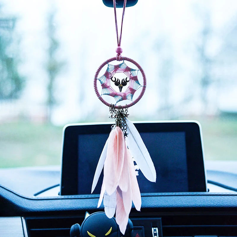 Factory Dream Catcher Car Interior Rearview Mirror Hanging Decor Feather Small Boho Car Charms Pendant Accessories Blessing