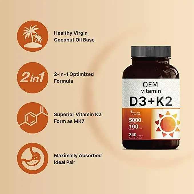 HOT Sale OEM Vitamin D3 K2 (MK7) with Virgin Coconut Oil 240 Softgels Vitamin D3 5000 IU & K2 MK7 100mcg