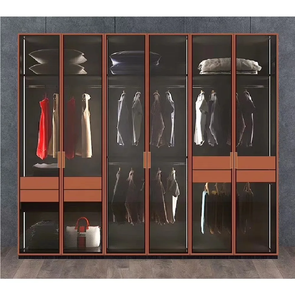 Aluminum Leather Frame Walkin Closet Door Furniture Bedroom Swing Wardrobe Glass Doors
