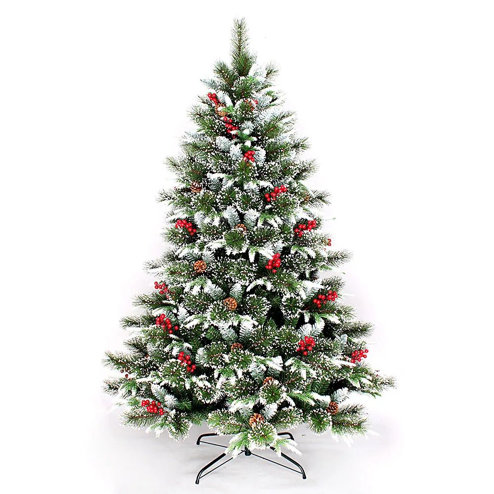 Luxury artificial christmas tree with red berries pine cones snowy 3 materials mix christmas decorations