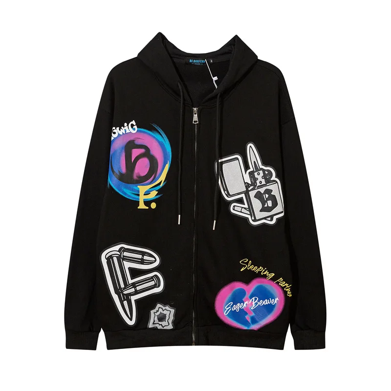 Spring And Autumn New Style Couples Hip Hop Graffiti Casual Plus Velvet Unisex Hoodie