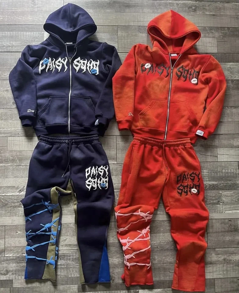 Custom 3d Logo Stacked Sets Sweat Suits Men Two Pieces Winter Flare Pants Sets Puff Print Hoodies Tracksuits Sweatsuit For Men