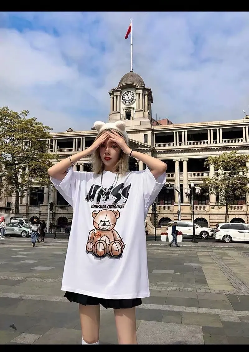 Loose Custom Couple shirt Short Sleeves Print Trend Cartoon Summer OEM Streetwear Fashion T Shirts Casual  Printing Bear t shirt