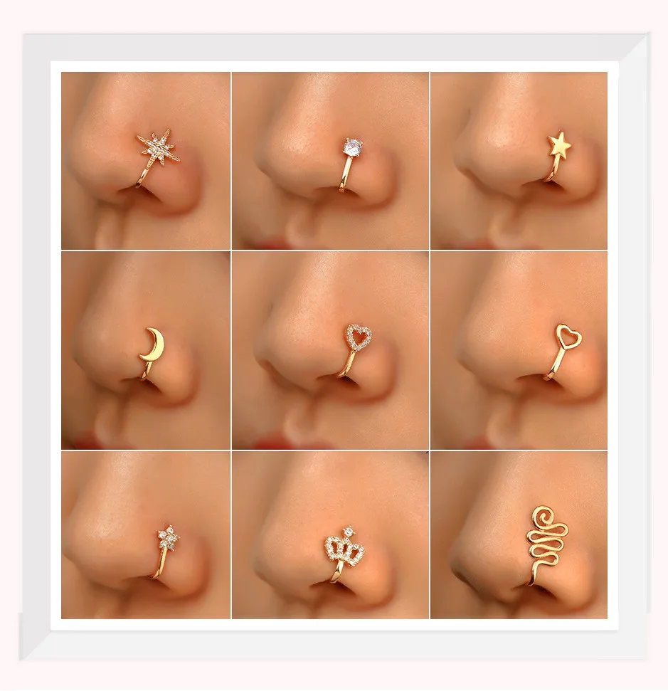 Piercing Jewelry Plum Flower Heart Star Crown Clip on Nose Ear Clip Cuff Non Piercing African Fake Nose Ring for Women Girls